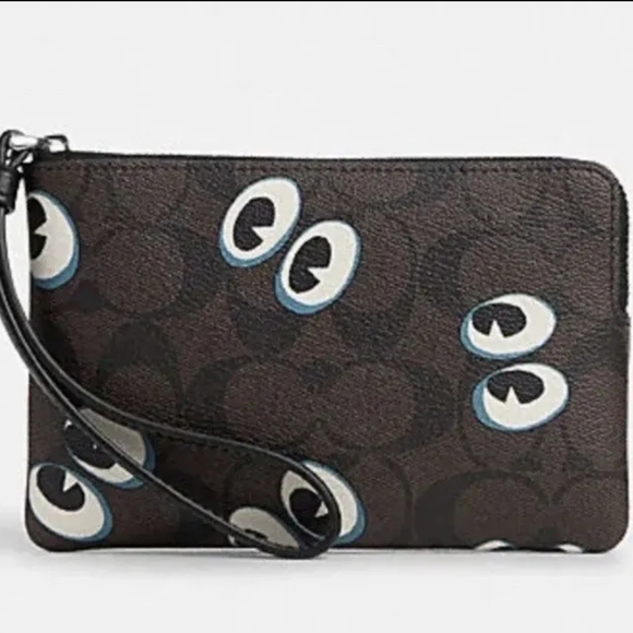 Brand New COACH Corner Zip Wristlet Signature Canvas Logo X Spooky Eyes - Picture 1 of 5